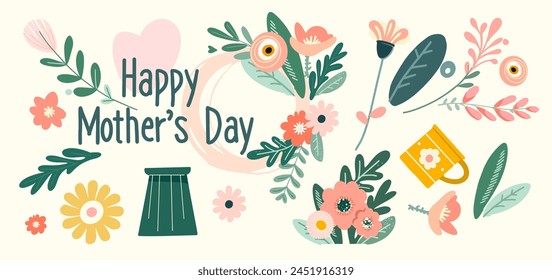 Happy Mother's Day - cute composition of cartoon flat elements in vintage color scheme. For banners, posters, cards, labels, stickers, advertising. Spring digital illustration.