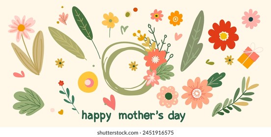 Happy Mother's Day - cute composition of cartoon flat elements in vintage color scheme. For banners, posters, cards, labels, stickers, advertising. Spring digital illustration.