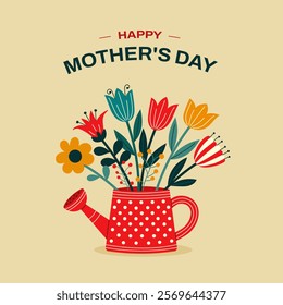 Happy Mother's Day. Cute garden red watering can in polka dots with flowers. Bouquet of spring flowers. Greeting card for birthday, international women's day, mother's day. Flat vector illustration.