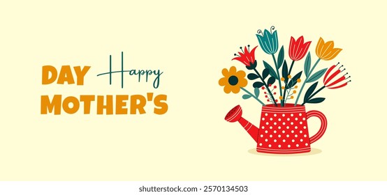 Happy Mother's Day. Cute garden red watering can in polka dots with flowers. Bouquet of spring flowers. Greeting banner for international women's day, mother's day. Flat vector illustration.