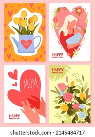 Happy Mothers day, cute greeting card set with text vector illustration. Cartoon floral gift bouquet with garden flowers for mom, hands holding cute red hearts, hugs of newborn baby and woman