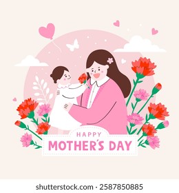 Happy Mother's Day - Cute Illustration of Mom and Daughter with Carnations, Love and Gratitude Concept