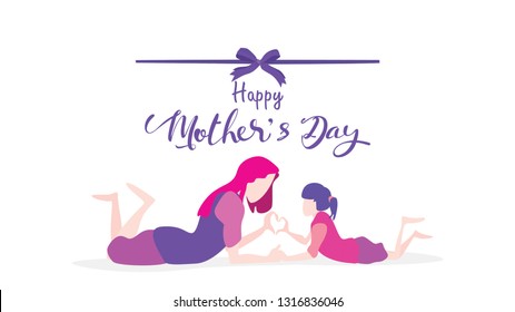 Happy mother's day! Cute little boy congratulates mom with dancing, playing, laughing, and together showing heart shape symbol. Vector illustration flat design style. Flat cartoon style. - Vector