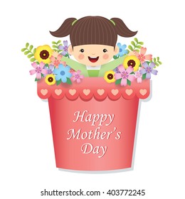 Happy Mother's Day / Cute little girl with a pot of beautiful flowers isolated on white background / Mother's day greeting card illustration, cartoon vector. 