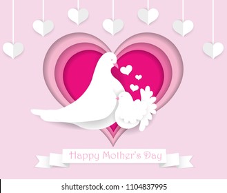 Happy Mother's day cute paper cut greeting card. Beautiful design template for Mother's day with hearts, doves and white ribbon. Vector illustration.
