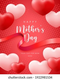 Happy mother's day cute pink red love heart shape balloon and ribbon with dot decoration background