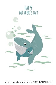 Happy Mother's Day. Cute postcard for the holiday. Gift for mom. I love you. Postcard, banner, print, design for typography. Cute vector illustration. Cartoon whales. Mammals. Mom and baby.