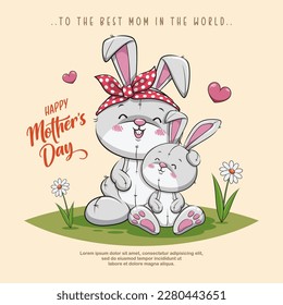 Happy Mothers Day With Cute Rabbits, Vector Cartoon Animal Illustration