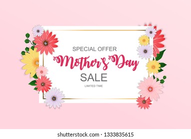 Happy Mother`s Day Cute Sale Background with Flowers. Vector Illustration EPS10