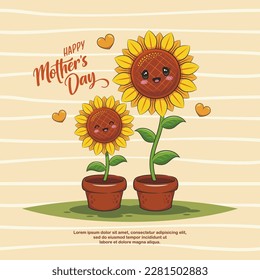 Happy Mothers Day With Cute Sunflowers In Pot. Kawaii Vector Cartoon Illustration