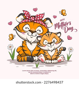 Happy Mothers Day With Cute Tiger, Vector Cartoon Animal Illustration