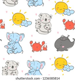 Happy mothers day! Cute various cartoon mothers with their kids. Hand drawn colored vector seamless pattern