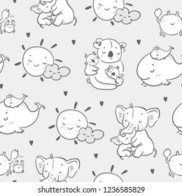 Happy mothers day! Cute various cartoon mothers with their kids. Hand drawn vector seamless pattern. Grey background