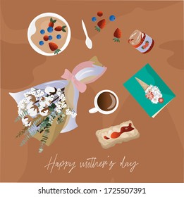 Happy mother's day. Cute vector flat illustration with gradient for mom. A festive breakfast for mom on her day. Greeting card and flowers for mom.