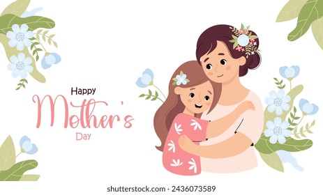 Feliz Día de la Madre. Mujer linda tiernamente abraza a su hija sobre fondo blanco con flores y hojas azules. Pancarta festiva horizontal. Ilustración vectorial en estilo plano de dibujos animados