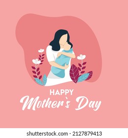 Happy Mother's day of Cute young mother embracing her daughter with love.The concept of happy motherhood, family, love. Vector illustration in flat style on floral background.