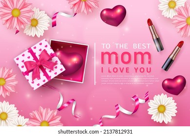 Happy mother's day daisty flower 3D red pink love heart cosmetic lipstic and present gift box with ribbon