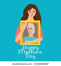 Happy Mothers Day. Daughter hugging his mother's photo Vector flat cartoon illustration