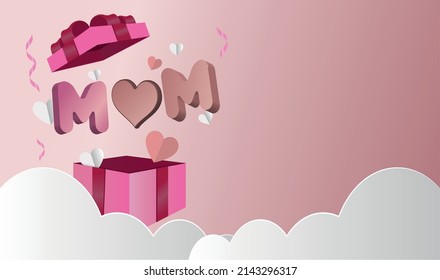 Happy Mother's Day decoration background with gift box, balloon, mom text, copy space text, 3D rendering illustration.