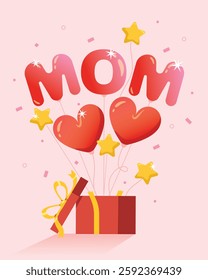 Happy mothers day decoration with gift box, balloon, with heart design. Mother's day card. Vector symbols of love style.