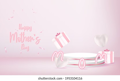 Happy mother's day decoration with podium and gift box copy space.