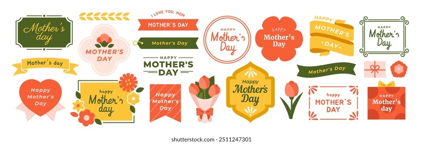 Happy Mothers Day Decorative Elements. Beautiful frames and borders with flowers and inscriptions. Greeting cards for holiday celebration. Flat vector illustration isolated on white background