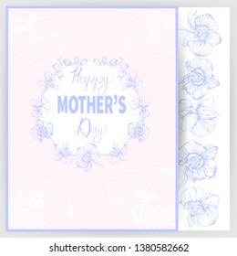 Happy Mother's Day, delicate pink lilac card, invitation banner with a wreath of light blue orchid flowers, with a light blue frame and an inscription on a white background in the shape of a circle.