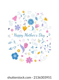 Happy Mother's Day. Delicate vector illustration with flowers, hearts, leaves and twigs. It can be used as a postcard, poster, poster.