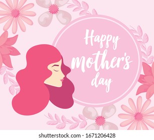 Happy mothers day design with beautiful flowers and woman with long hair over pink background, colorful design, vector illustration