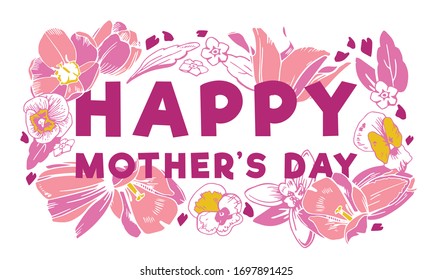 Happy Mother's day design concept. Tulips and narcissuses around title. Hand drawn sketch vector illustration