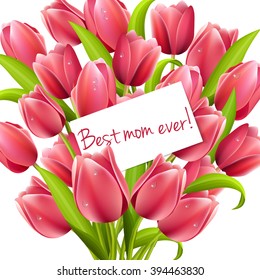 Happy mothers day design elements. Vector illustration invitation, menu, flyer, template. Pink, red Background With Ornaments, hearts. Best mom ever. Love.