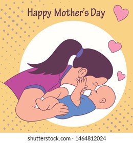 Happy Mother`s Day design for a flyer, banner or poster, a mother hugging her  hugging  lying baby son. Vector pink-blue illustration with congratulations text, hearts and dots on a yellow background