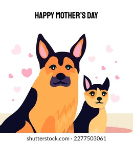 Happy Mother's day design with German shepherd dog and little baby puppy around her. For shephard lovers every where. Love you mom. Best mom ever. International Pet day. Vector