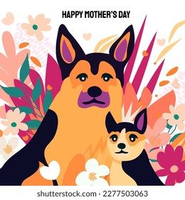 Happy Mother's day design with German shepherd dog and little baby puppy around her. For shephard lovers every where. Spring Summer Flower background. International Pet day. Vector