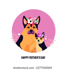 Happy Mother's day design with German shepherd dog and little baby puppy around her. For shephard lovers every where. Spring Summer Flower wreath. International Pet day. Vector