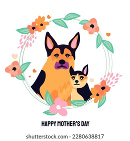 Happy Mother's day design with German shepherd dog and little baby puppy around her. For shepherd lovers every where. Spring Summer Flower wreath. International Pet day. Vector