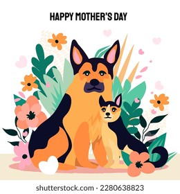 Happy Mother's day design with German shepherd dog and little baby puppy around her. For shepherd lovers every where. Spring Summer Flower background. International Pet day. Vector