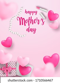 Happy Mother's day. Design with gift box, lipstick ,pearl and heart on soft pink background. light and shadow. Vector.
