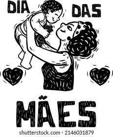 Happy Mothers day (dia das mães),  month of may. Illustation in woodcut style.