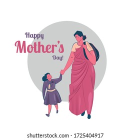 Happy Mother's day Digital Illustration. Indian Mother taking her child - her Daughter to school. Vector illustration. Character Design.