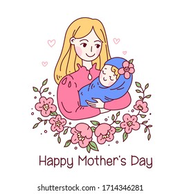 Happy Mother`s Day. Doodle kawaii style. Cute woman vector illustrations. Mother and Newborn daughter or son. Use for greeting card, poster, banner, and other design.