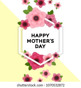 Happy Mother's Day elegant background. Holiday greeting card with hand drawn lettering and realistic bright pink, red flowers. Stylish and simple vector illustration.