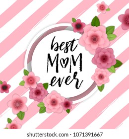 Happy Mother's Day elegant background. Holiday greeting card with hand drawn lettering and realistic bright pink, red flowers. Stylish and simple vector illustration.