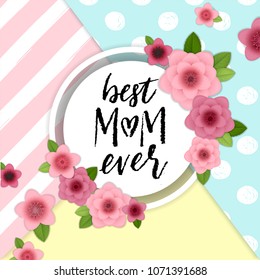 Happy Mother's Day elegant background. Holiday greeting card with hand drawn lettering and realistic bright pink, red flowers. Stylish and simple vector illustration.