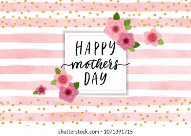 Happy Mother's Day elegant background. Holiday greeting card with hand drawn lettering and realistic bright pink, red flowers. Stylish and simple vector illustration.