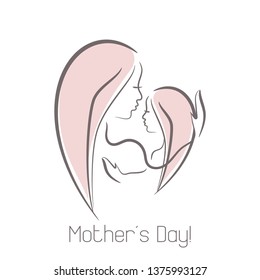 Happy Mother's Day. Elegant card of hand drawn woman face profile with daughter. Art design illustration.