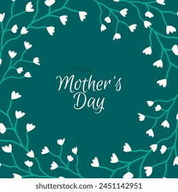 Happy Mothers Day. Elegant card with white flowers on emerald background. Design templates for postcard, banner, poster. Flat vector illustrations