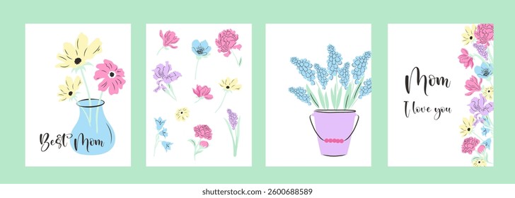 Happy Mother's day elegant hand drawn colourful greeting cards. Vector illustration of muscari, peonies and spring flowers.