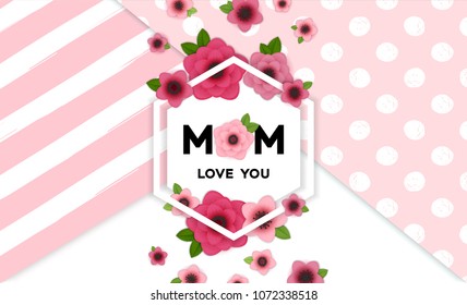 Happy Mother's Day elegant horisontal background. Holiday greeting framed card with hand drawn lettering and realistic bright pink, red flowers. Stylish and simple sale vector illustration.