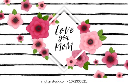 Happy Mother's Day elegant horisontal background. Holiday greeting framed card with hand drawn lettering and realistic bright pink, red flowers. Stylish and simple sale vector illustration.